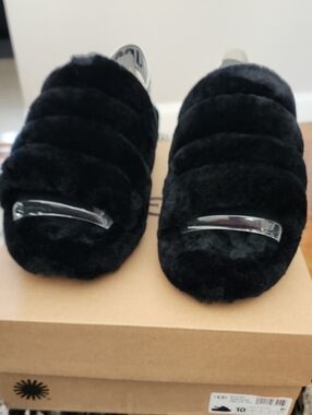 NIB Black Uggs Faux Fur Slide Mules with Silver Accent